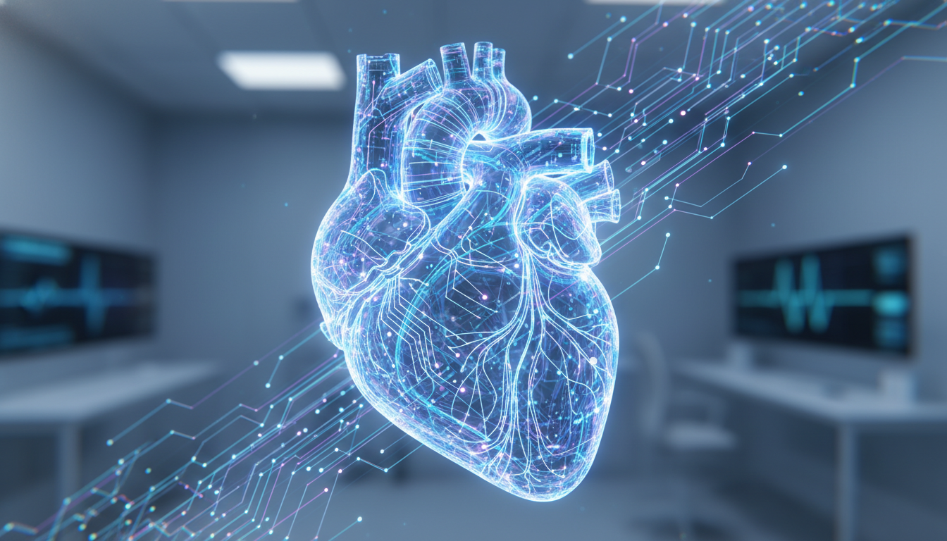 Abstract illustration of a glowing heart with circuits, symbolizing advanced cardiovascular medical technology.